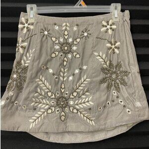 Free People Women's Embroidered Skirt Gray Floral Beaded Zip Size 2